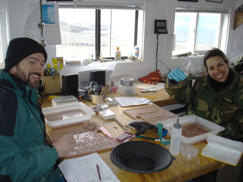 NOAA's Douglas Krause and Hampton faculty member Carolina Lewallen sort through penguin stomach contents.