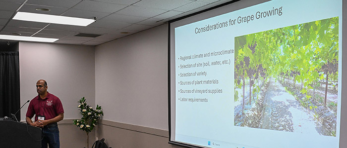 University of Maryland Eastern Shore Professor Sadanand Dhekney speaks at the 22nd annual Small Farm Conference.