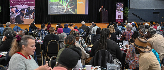 Keynote speaker Tomia MacQueen, owner of of Wildflower Farm and founder of Dance for LIFE, addresses the 22nd annual Small Farm Conference.