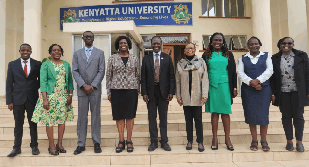 Dr. Caleb Nindo of UMES (center) and other CEGFSD representatives visited Kenyatta University in Kenya and met with Professor Caroline Thoruwa, fourth from left, deputy vice-chancellor of research, innovation and outreach.
