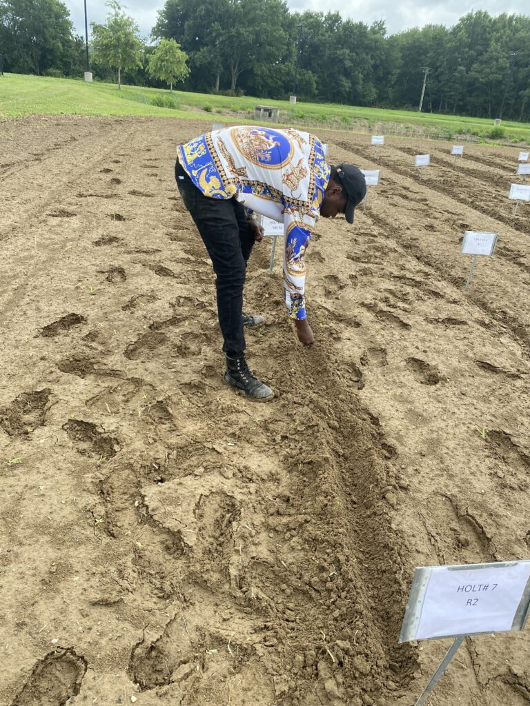 Graduate student Antonio Junior plants quinoa seed for a germplasm evaluation trial at the UMES farm.