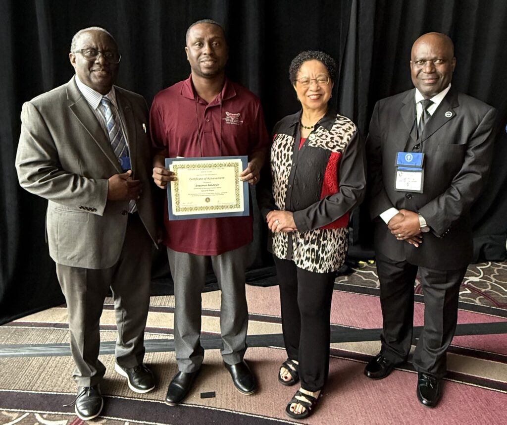 UMES graduate student Erasmus Aduteye received an award for tie for second place research poster presentation at the 2026 ARD Symposium. He is pictured with UMES President Heidi Anderson, School of Agricultural and Natural Sciences dean Moses Kairo and chair of the Department of Agricultural and Resource Sciences Stephen Tubene.