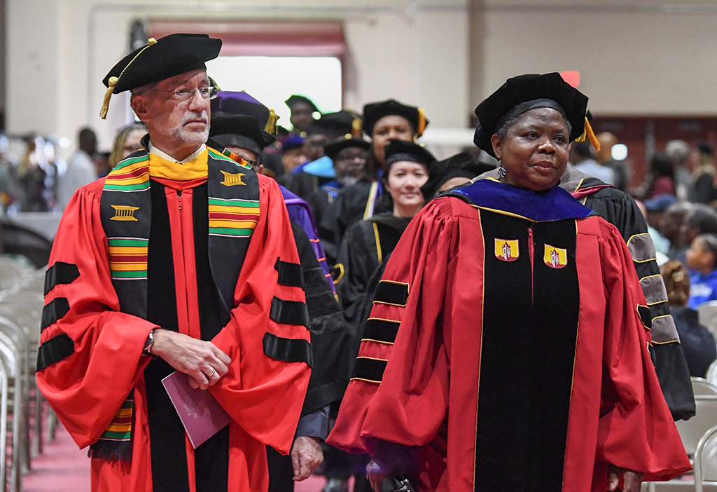 Dr. Jonathan Cumning, Chair of Department of Natural Sciences and Dr. Grace Namwamba, chair of Department of Human Ecology enter the 139th Spring Commencement