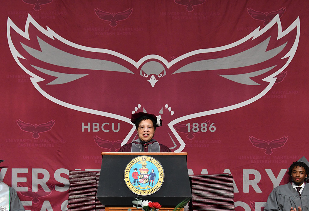 UMES President Dr. Heidi Anderson addresses the crowd at the 139th Spring Commencement.