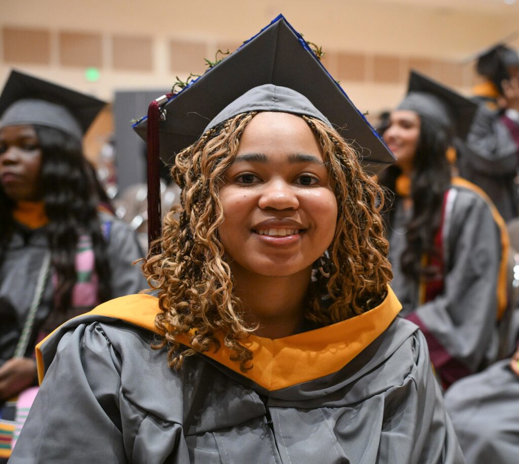 Amber Gray, a biology major, is pictured in her spring 2026 UMES Commencement cap and gown.