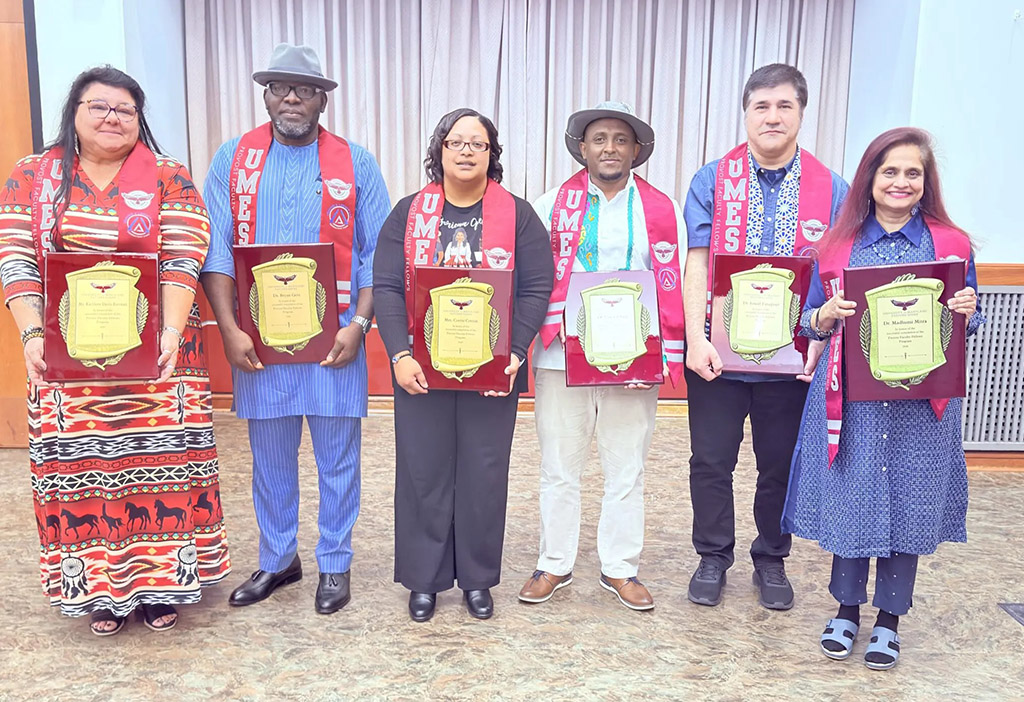 From left: University of Maryland Eastern Shore faculty members Kathleen Davis-Bierman, Dr. Bryan Gere, Corrie Cotton, Dr. Simon Zebalo, Dr. Ismail Farajpour, and Dr. Madhumi Mitra are recognized for completing the UMES Provost Faculty Fellows Program.