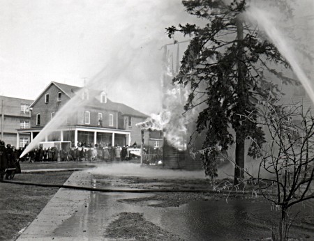 DelCon Hall is demolished in a controlled burn. 