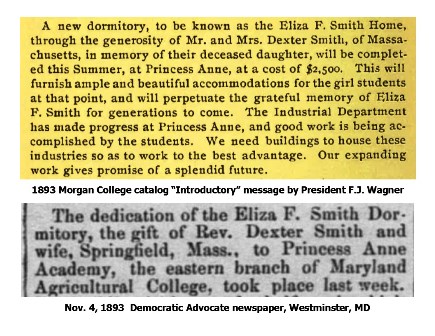 News excerpts about the new Eliza Smith Hall, one from the 1893 Morgan College catalog "Introductory" message by President F. J. Wagner and another from the Democratic Advocate Newspaper, Westminster, MD Nov. 4, 1893