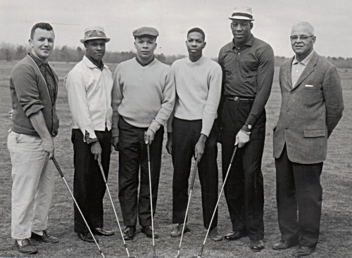 Fred Engh, Randall Perry, Carlyle Pierce, Willie Wilkins, Bob Taylor & coach Theodore Briggs - 1962 Hawk yearbook image.