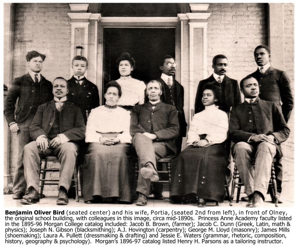 Benjamin Oliver Bird seated center, and his wife Portia, seated 2nd from left, in front of Olney, the original school building, with colleagues. 