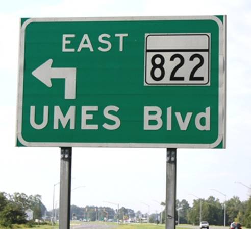 Road sign for East 822 UMES Blvd