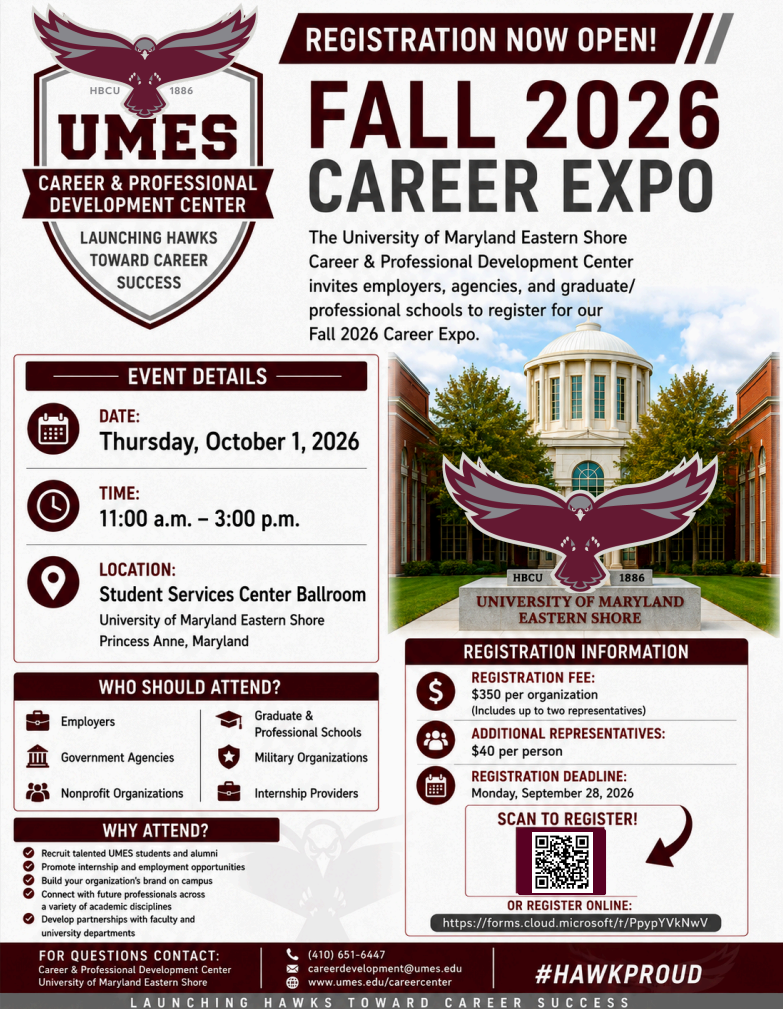 Fall 2026 Career Expo.
Thursday, October 1, 2026
11:00 a.m. - 3:00 p.m.
Student Services Center Ballroom