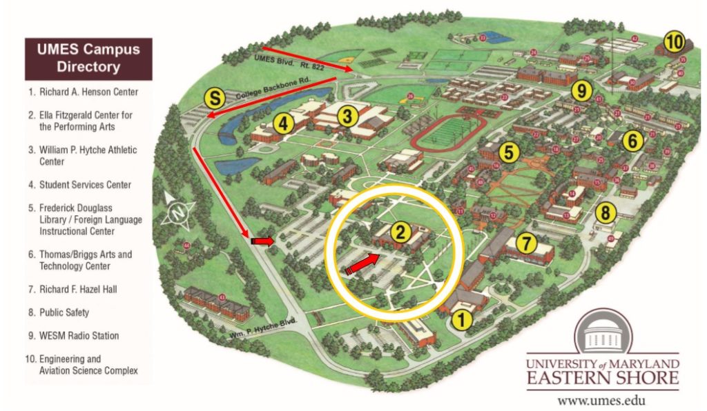 A picture of the UMES campus map it has the Ela Fitzgerald Center for the Performing Arts circled showing the location of the Eastern Shore Regional Spelling Bee.