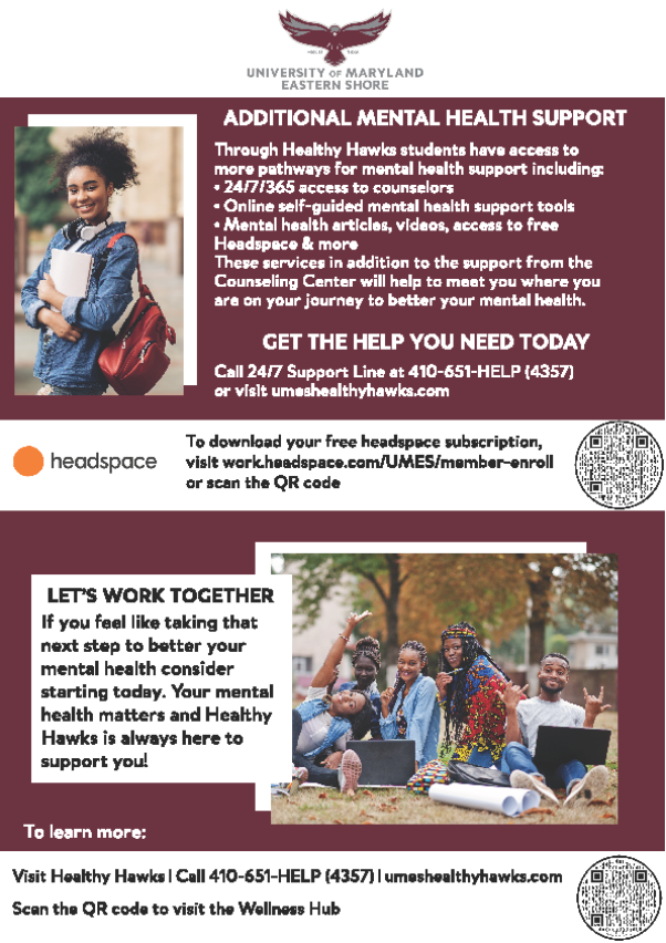 additional mental health support image: download your free headspace subscription visit - work.headspace.com/UMES/member-enroll 