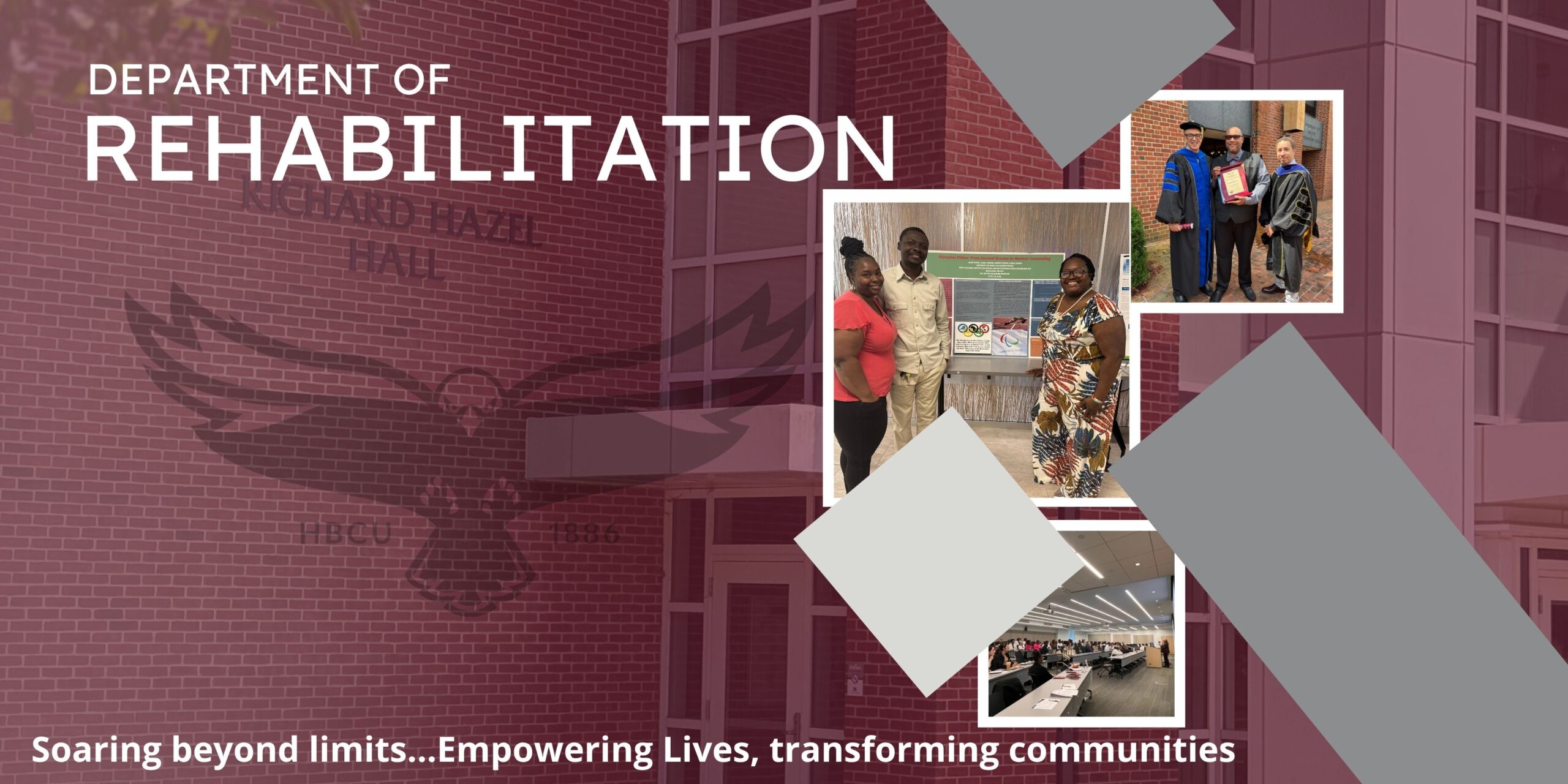 UMES Department of Rehabilitation banner with student and community photos and the message “Soaring beyond limits… empowering lives, transforming communities.”